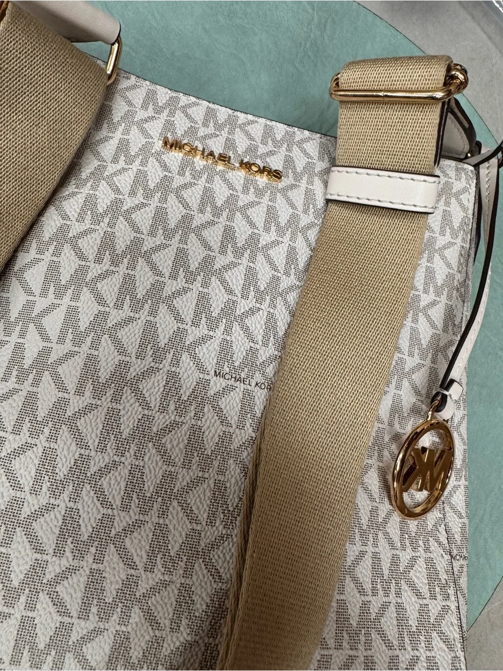 Michael Kors Beige and White Logo Canvas crossbody adjustable no tags